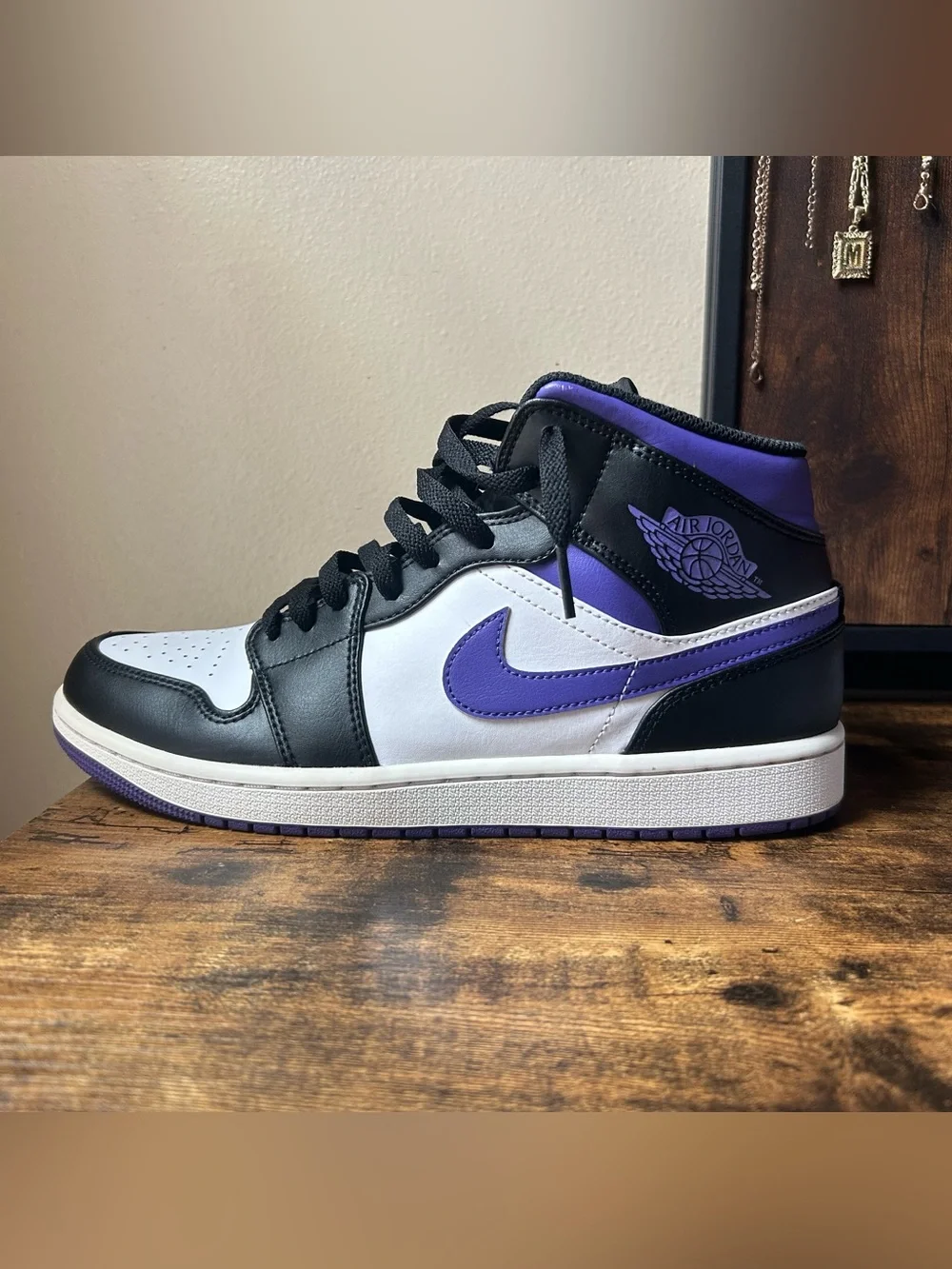 Jordan 1 Mid Sneakers - Black/White/Purple